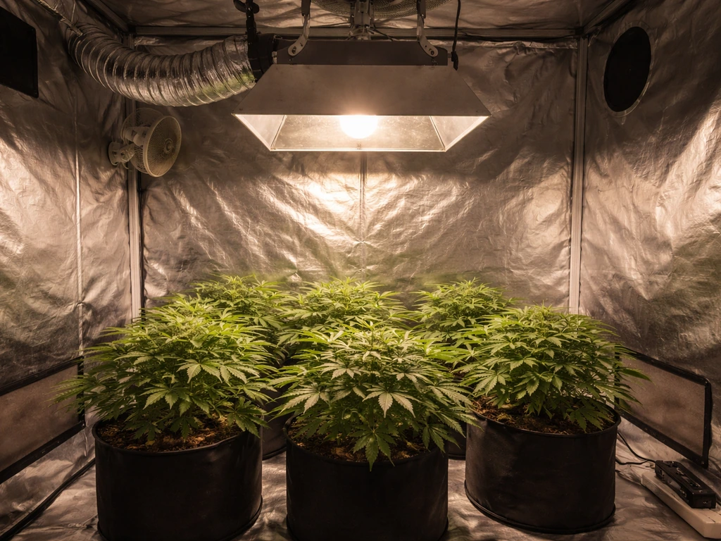 Indoor grow tent with overhead light on, fabric pots spaced in a 4x4 area, ventilation gear visible.