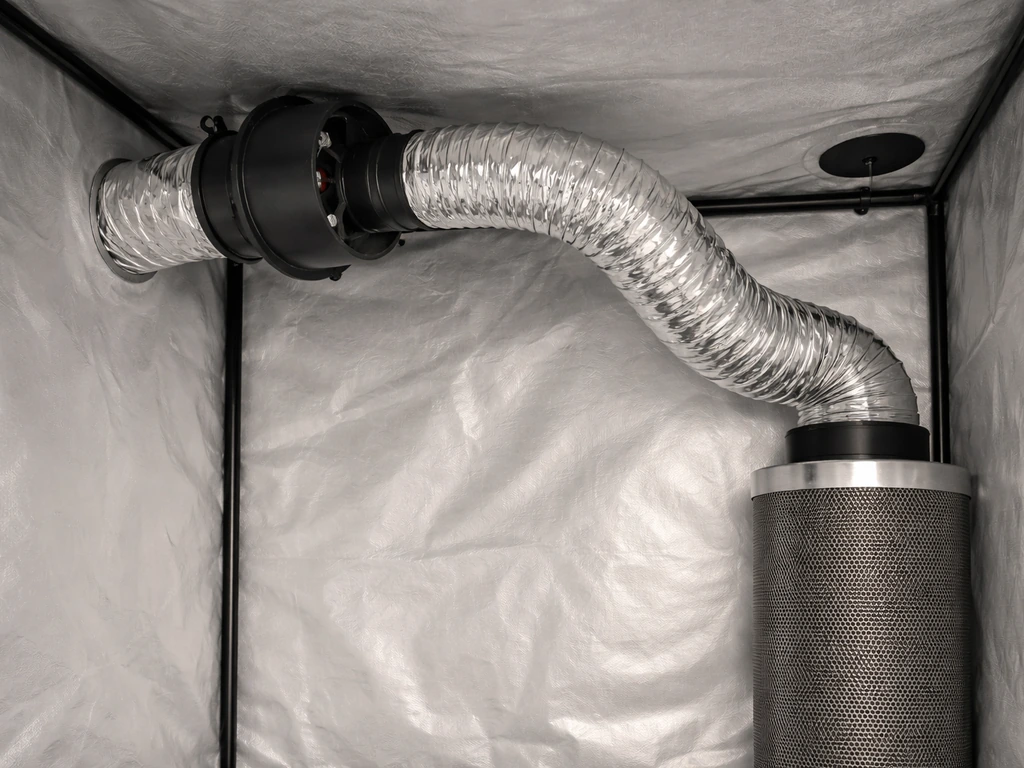Compact inline fan and ducting inside a grow tent with a carbon filter, airflow directed upward.