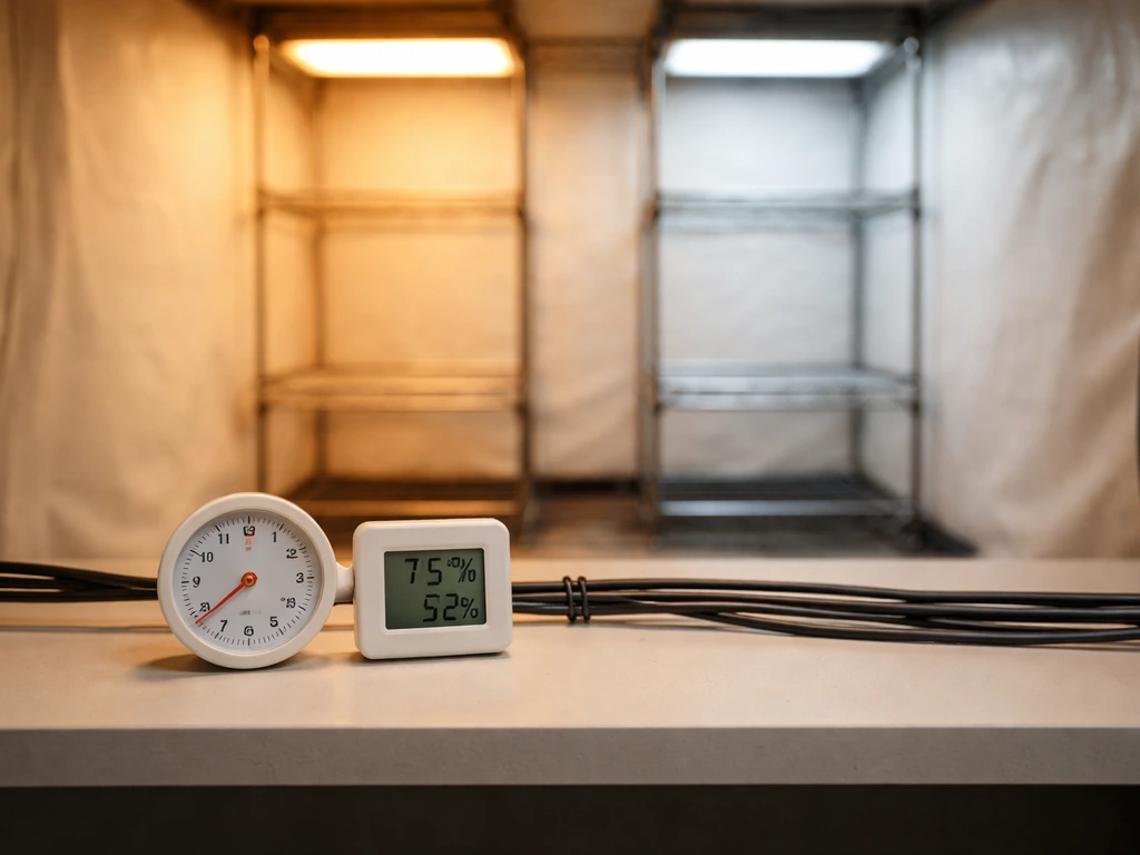 Minimal grow tent scene with a small thermometer and hygrometer showing warm temperature and RH for veg vs flower.