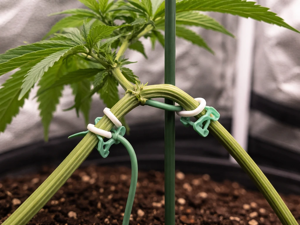 Close-up of a cannabis plant’s main stem tied down with clips to control stretch, nodes visible.