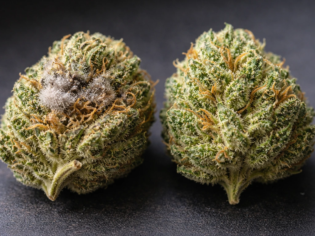 Close-up of two cannabis buds: one shows early gray botrytis fuzz and browning, the other looks healthy.