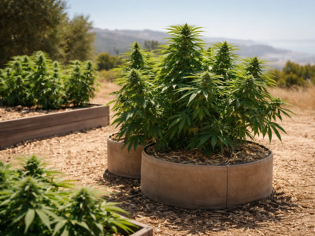 Sunlit cannabis plants in large outdoor containers and raised bed in a minimal California backyard setting.