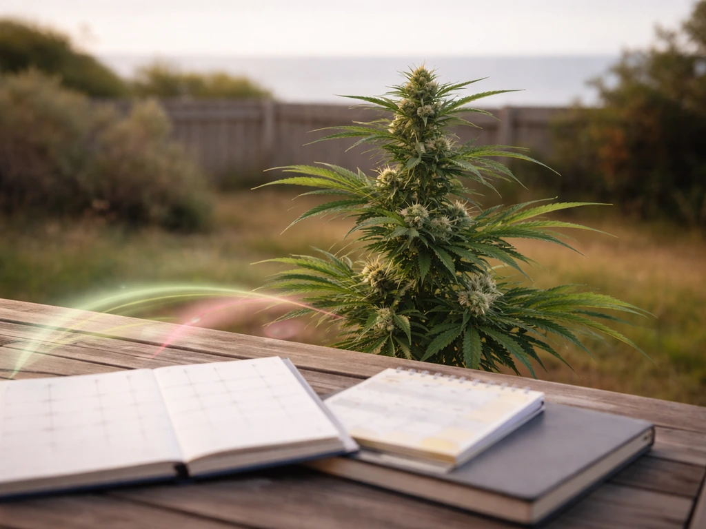 Sunlit outdoor cannabis plants with subtle seasonal timing visuals on a planner page, no text.