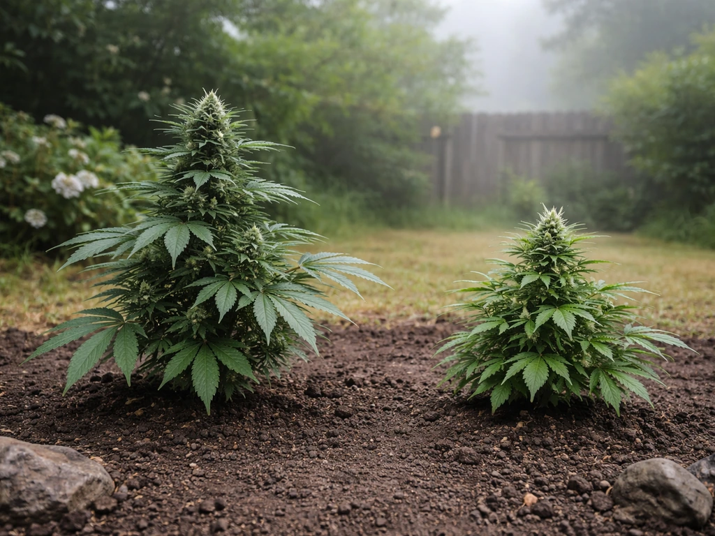 Two outdoor cannabis plants side-by-side showing photoperiod vs autoflower-like flowering timing.