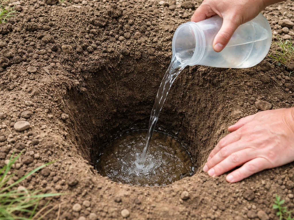 Hand digging a small hole and pouring water into it to test soil drainage, minimal outdoor garden setting