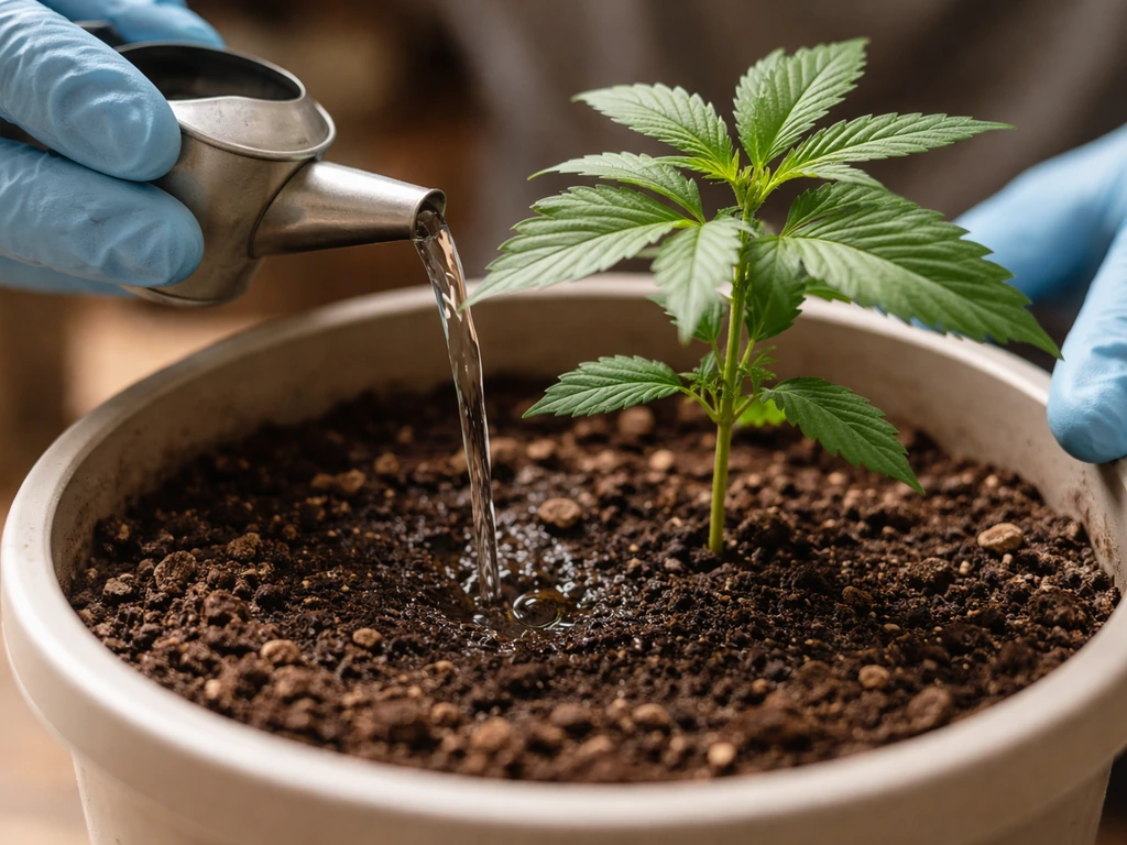 Close-up of hands watering cannabis plant lightly so soil top layer stays only slightly moist.