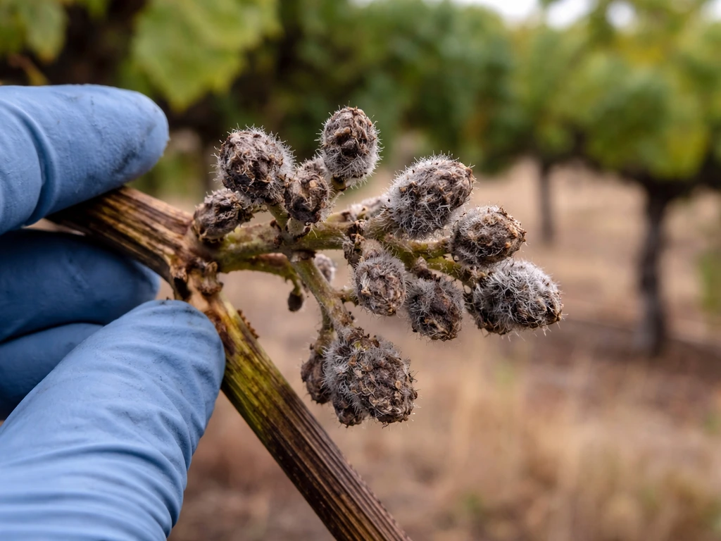 Close-up of grape buds with grey mold in late-season outdoor vineyard conditions