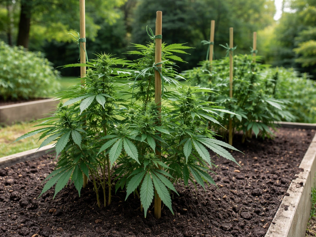 Lush outdoor cannabis plants supported by stakes in a simple NY garden bed during summer.