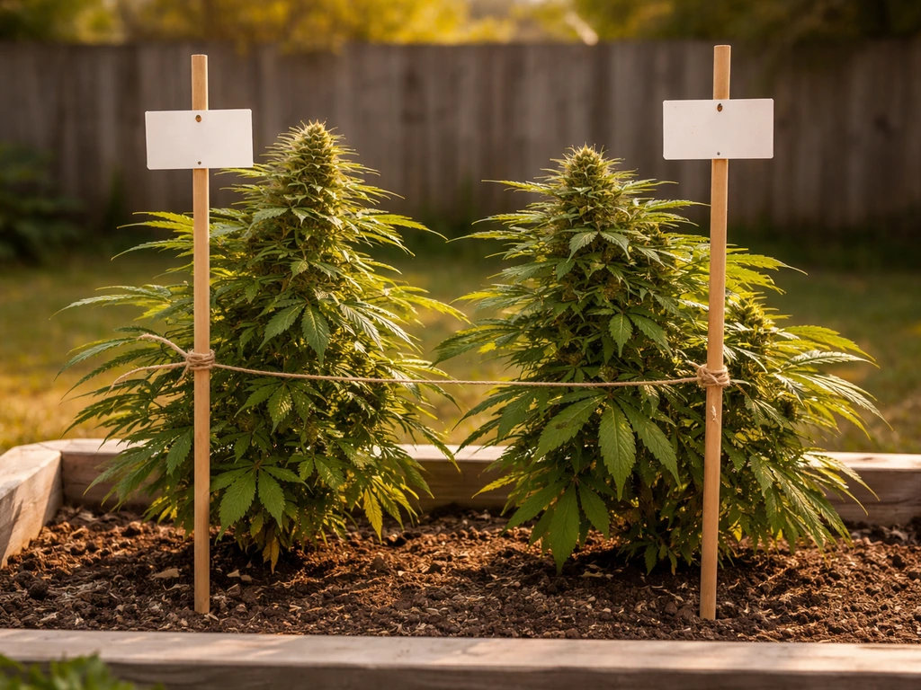 Two outdoor cannabis plants in a small backyard grow bed with simple plant tags indicating late-summer to early-fall fin