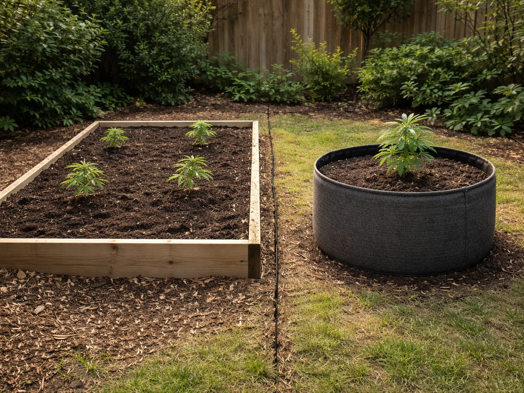 Minimal comparison of a raised in-ground cannabis bed and a nearby fabric-pot container with visible soil and roots.