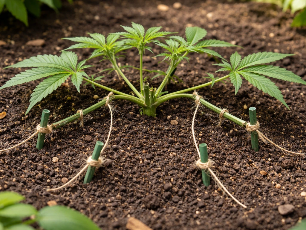 Outdoor garden plant trained with low-stress ties on a lightweight support for better airflow