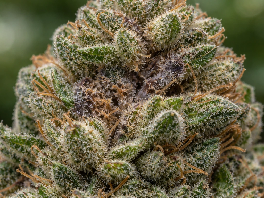Macro of a dense cannabis bud showing subtle grayish, damp-looking botrytis risk cues inside tight coils