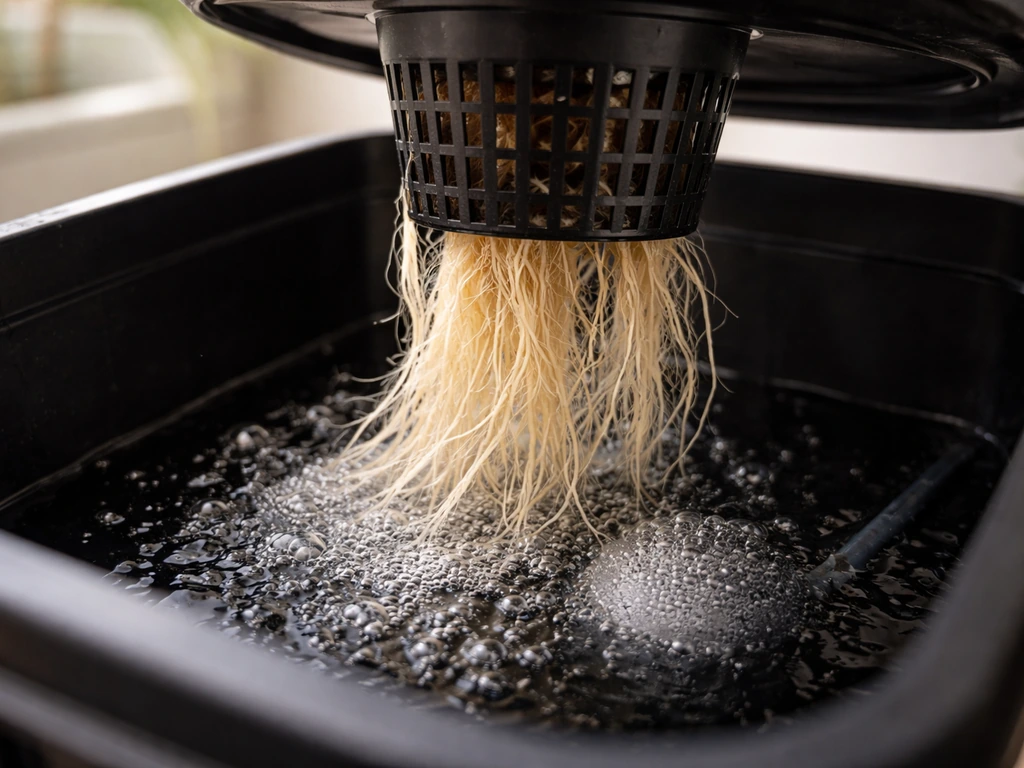 Close-up of hydroponic cannabis roots in a net pot above an aerated reservoir with air bubbles.
