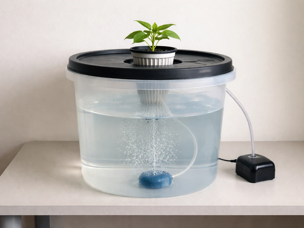 Minimal DWC setup showing reservoir bubbles, air stone, pump, and a net pot with a young plant.