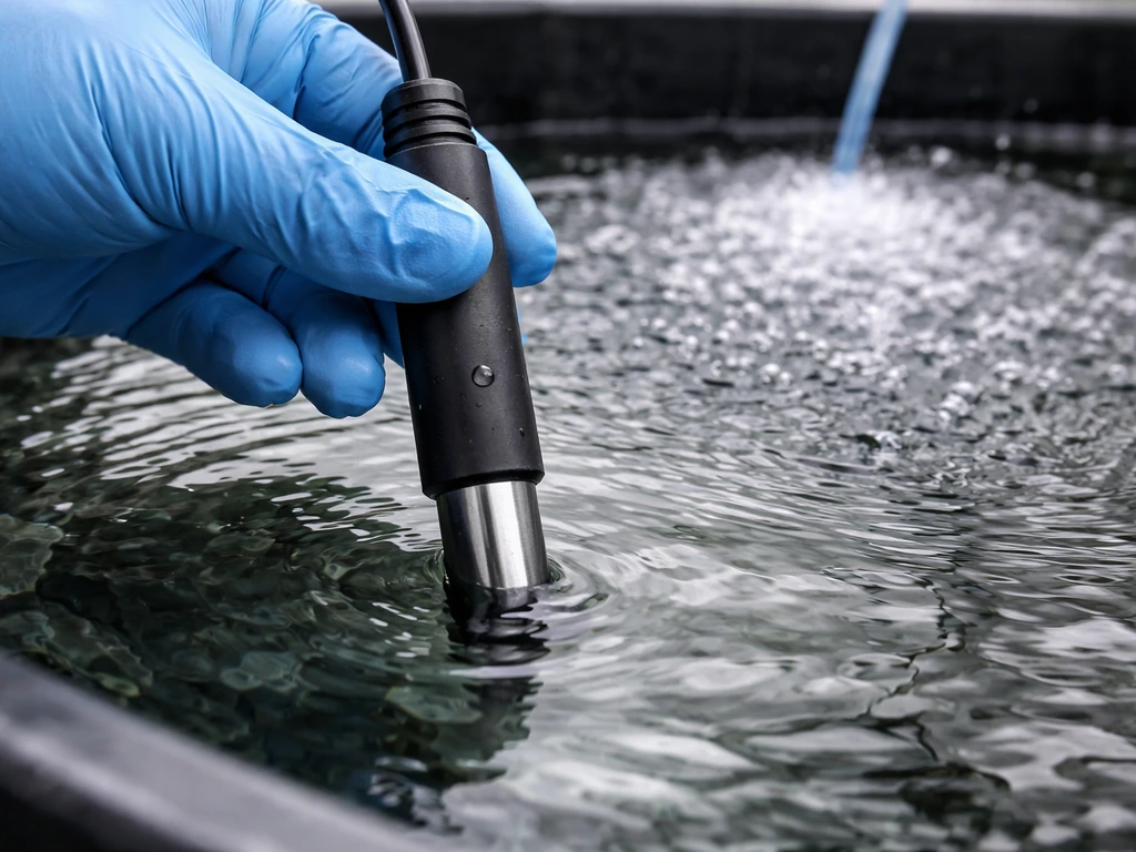 Gloved hand holding a dissolved oxygen probe above a reservoir with bubbles from an air stone.