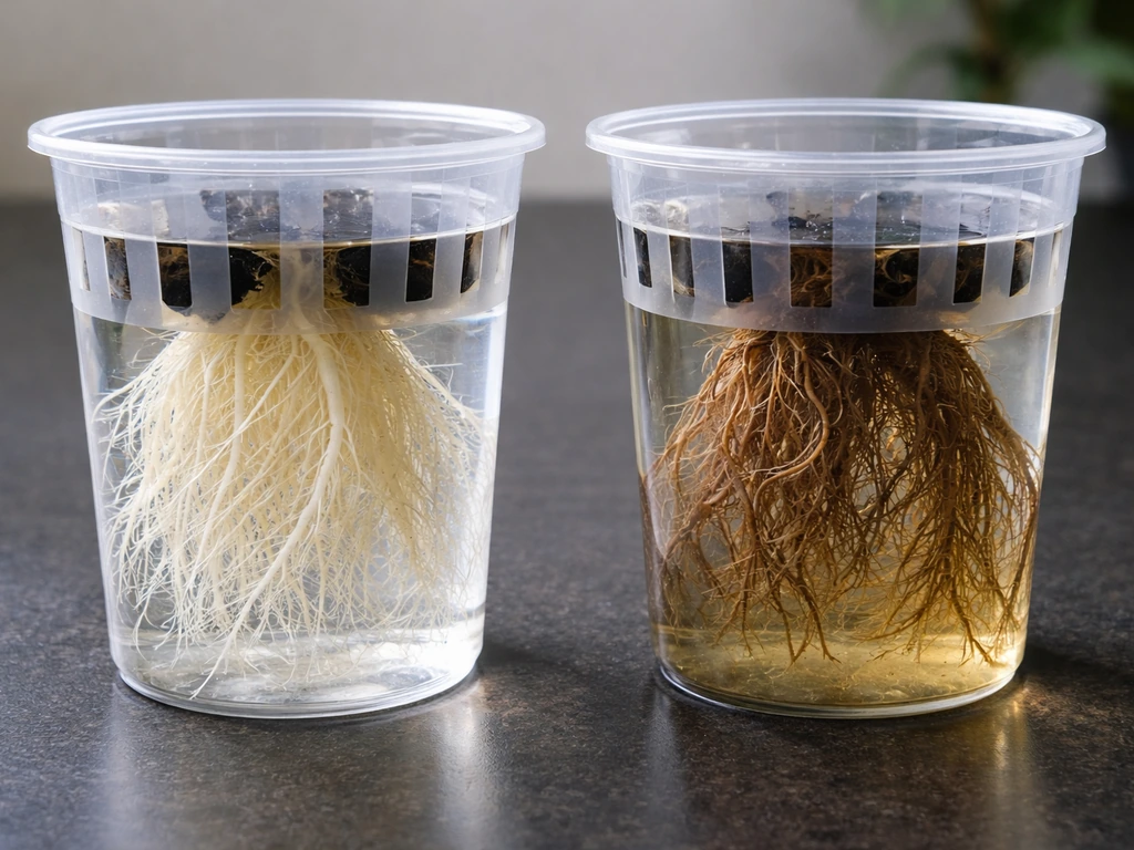 Side-by-side hydro roots showing healthy white roots vs brown slimy root rot in clear net pots.