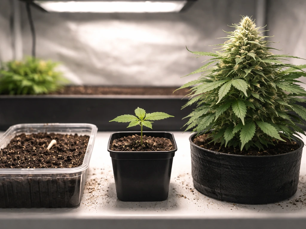 Indoor grow table showing germinated seed, young seedling, and flowering White Widow buds.