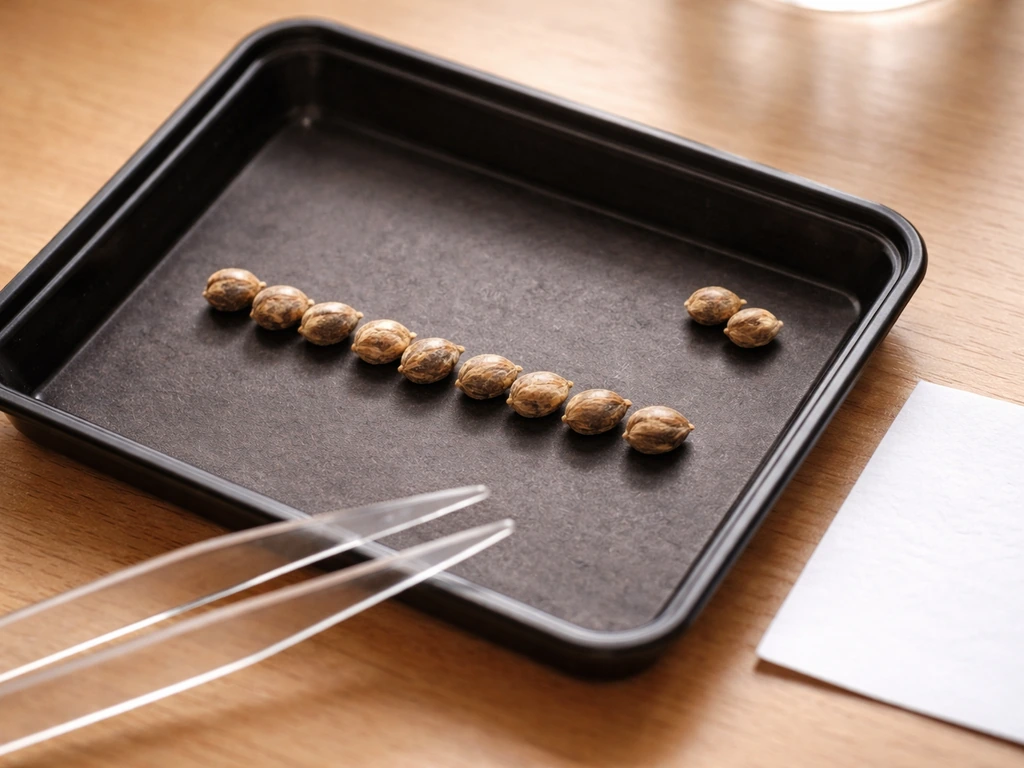 Close-up of White Widow seeds in a small tray with a simple sorting area for viable vs odd seeds