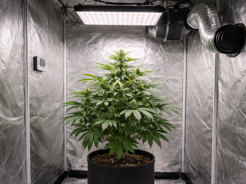 Indoor grow tent setup with grow light, a hygrometer/thermometer device, and ducting for airflow.