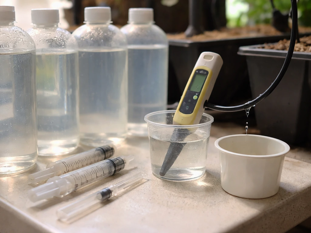 Close-up of nutrient feeding setup: pH meter, syringes/pipettes, unlabeled bottles, and runoff catch cup.