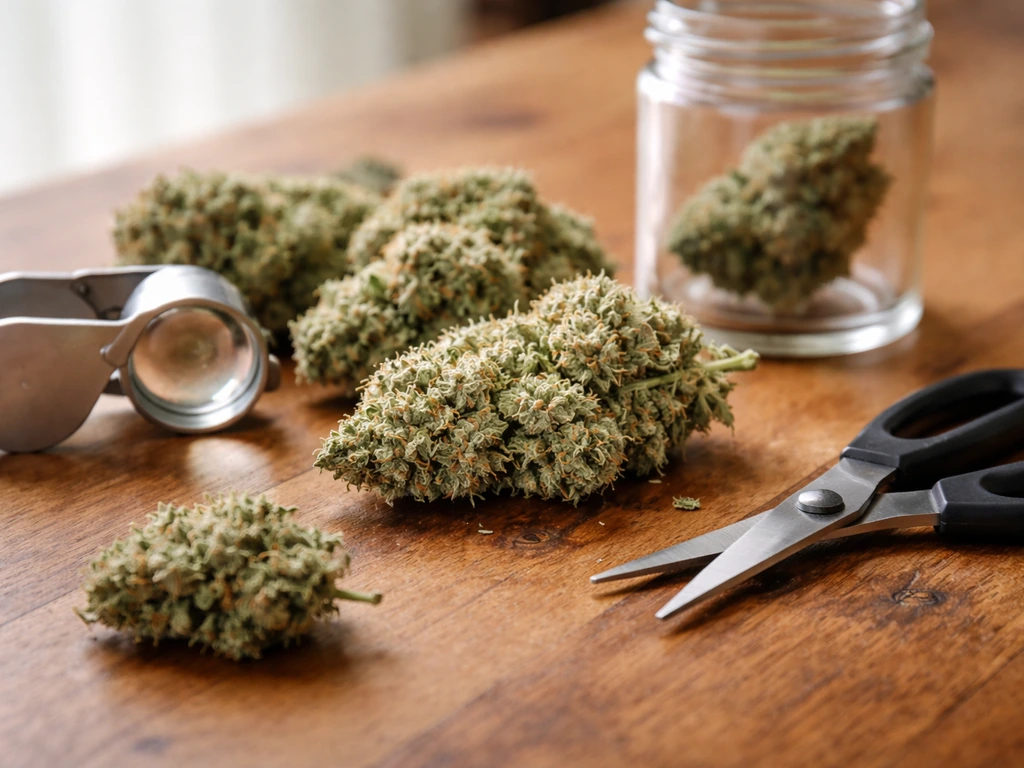 Close-up of near-mature cannabis buds with a loupe and pruning tools on a wooden table.