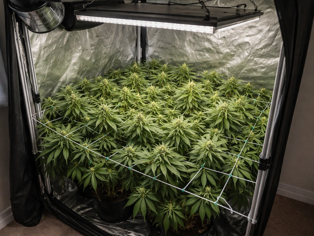 Indoor grow tent with LED light and trained cannabis canopy under visible trellis/LST ties.