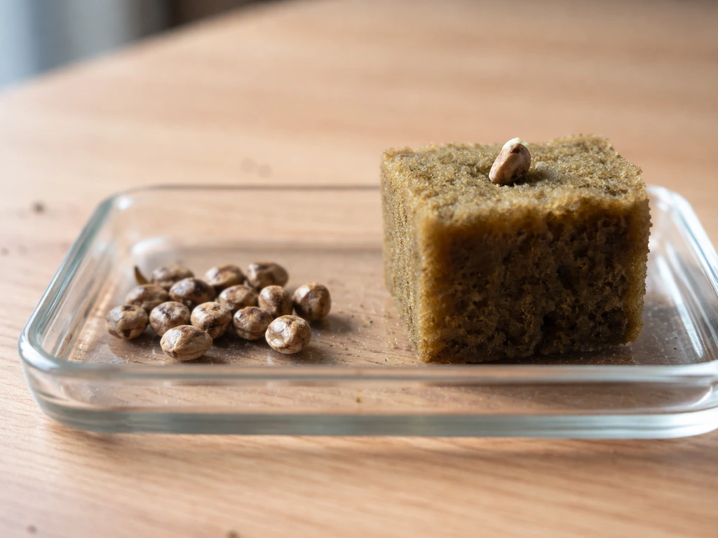 Close-up of cannabis feminized seeds and a starter cube on a clean wooden table in natural light.