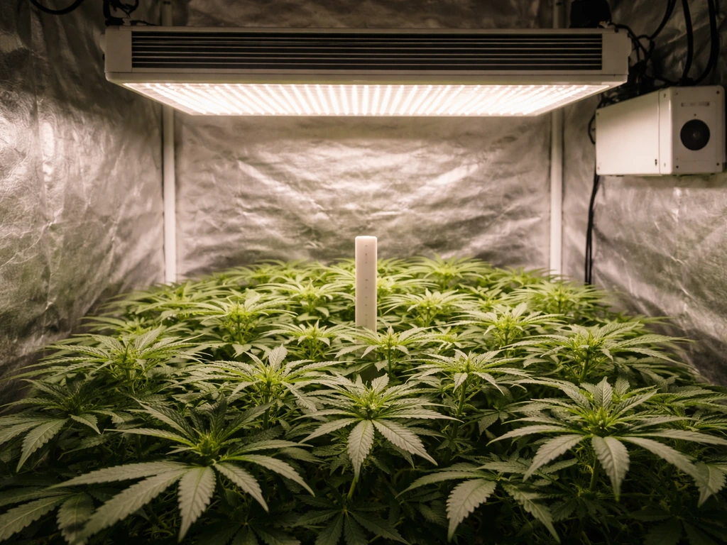 LED grow light and driver over a small flowering canopy with a simple height reference marker
