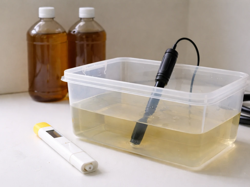 EC meter probe in nutrient reservoir with a pH pen and unlabeled nutrient bottles on a clean surface.