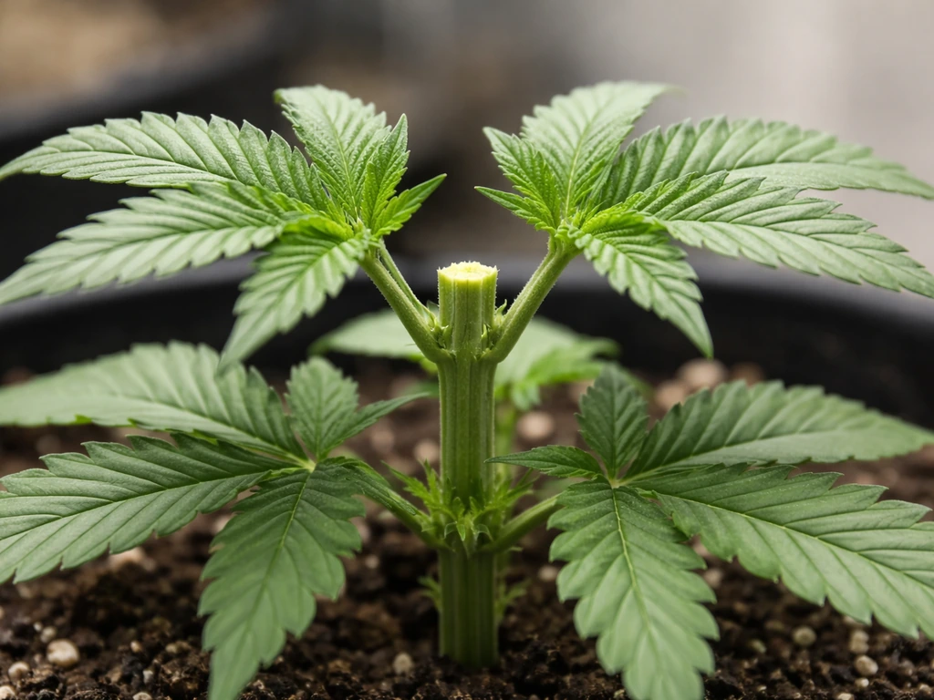 Close-up of a cannabis plant stem at a topped node with two new main tops after pruning.