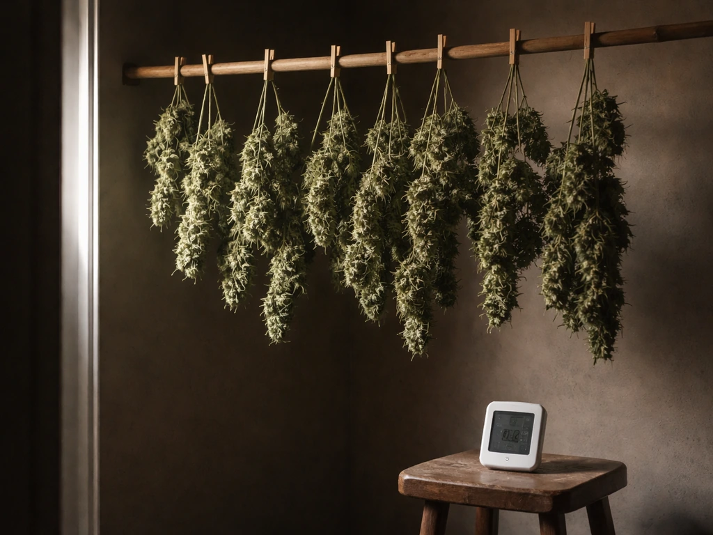 Drying branches hanging in a dark, airy room with a small hygrometer/thermometer nearby.