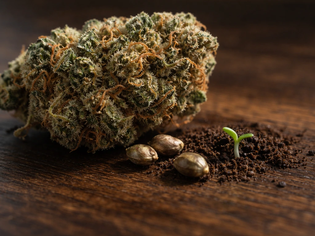 Close-up of dried cannabis bud with visible seeds and one tiny sprout starting to emerge.