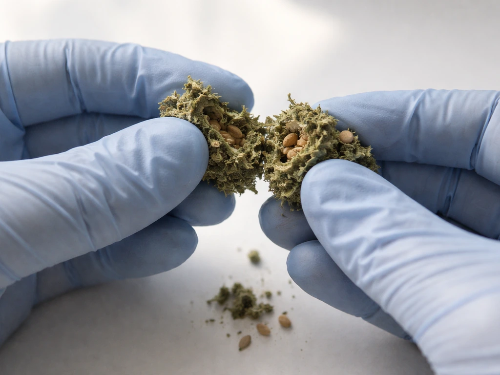 Close-up of gloved hands breaking dried cannabis bud over a clean white surface, revealing tiny seeds.