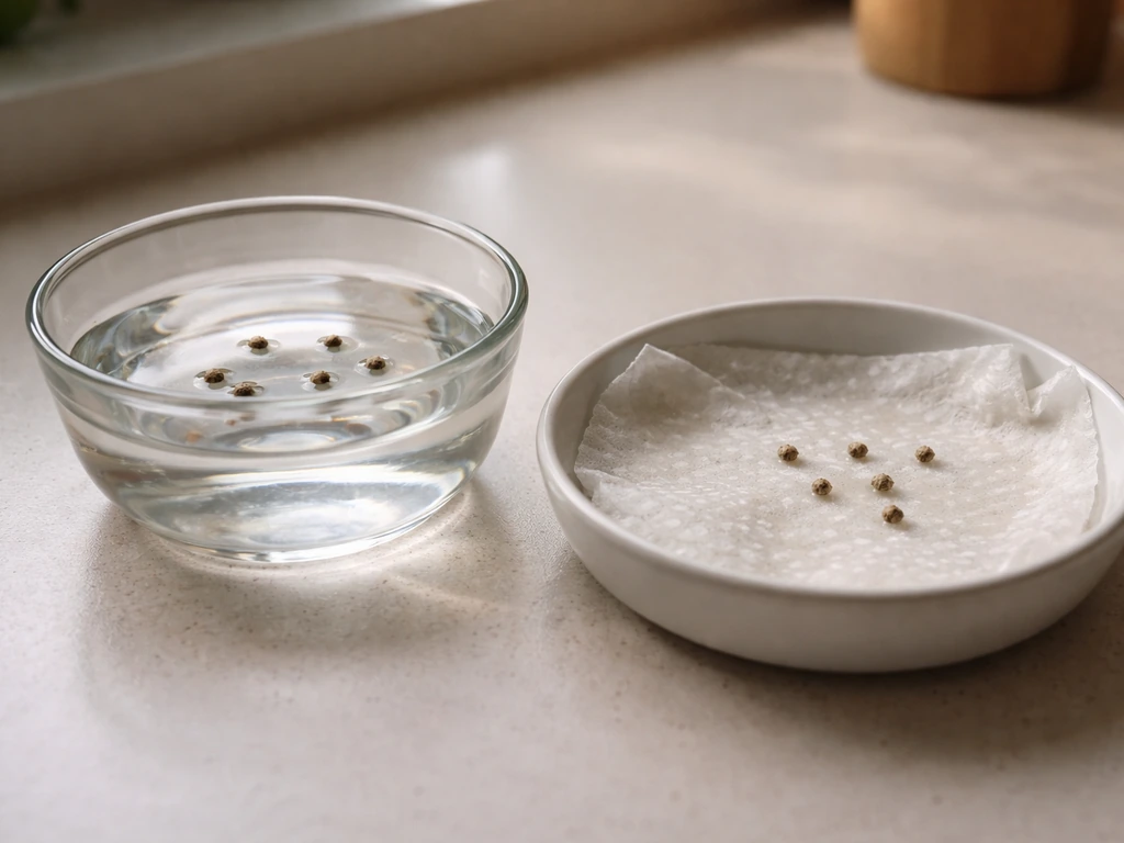 Seeds soaking in a small glass of room-temperature water beside a damp germination dish.
