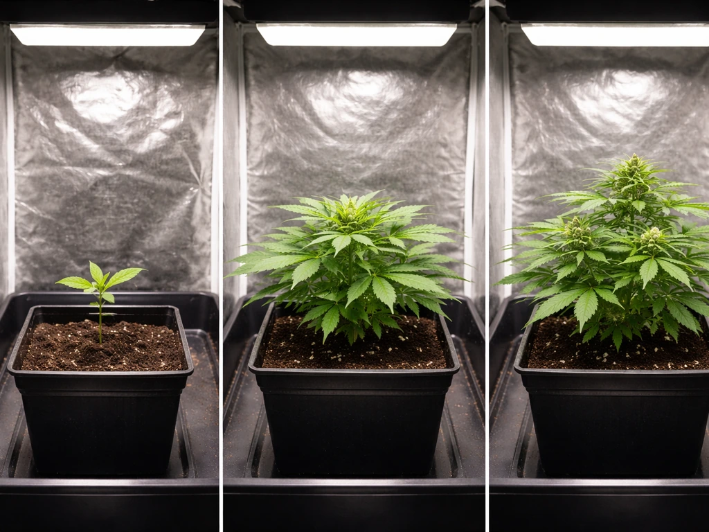 A small indoor grow setup showing a seedling, then lush vegetative growth and early flowering in one consistent scene