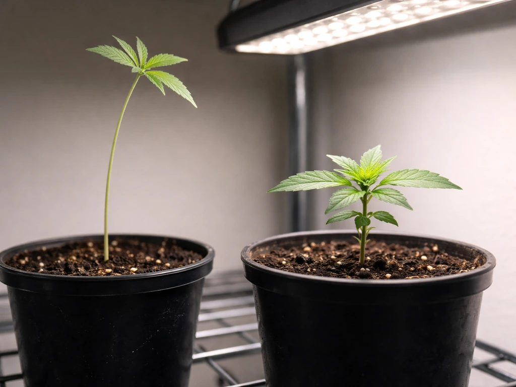Two cannabis seedlings side-by-side: one stretched from weak light, one compact under closer light.