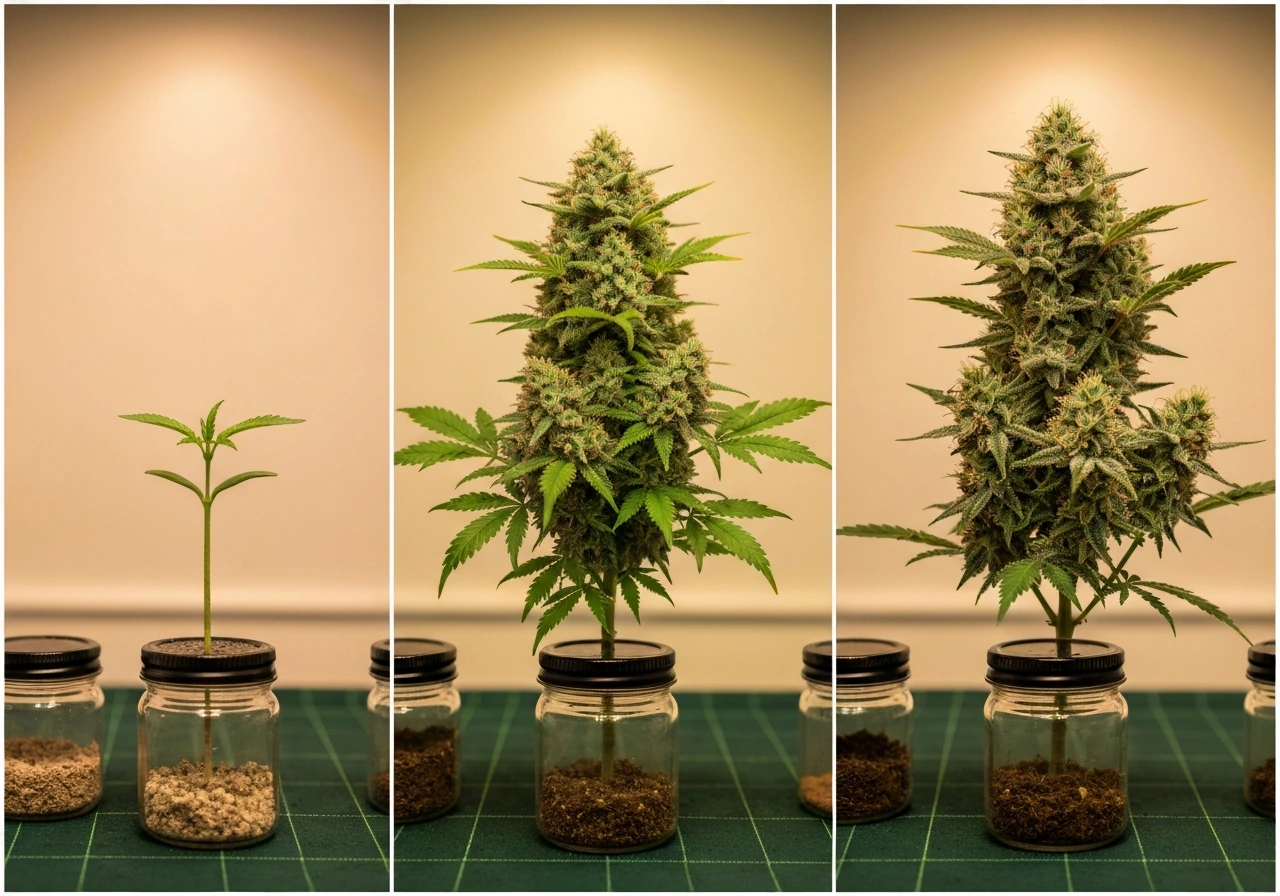 Three-stage healthy cannabis growth from seedling to flowering buds with curing jars in a minimal grow room.