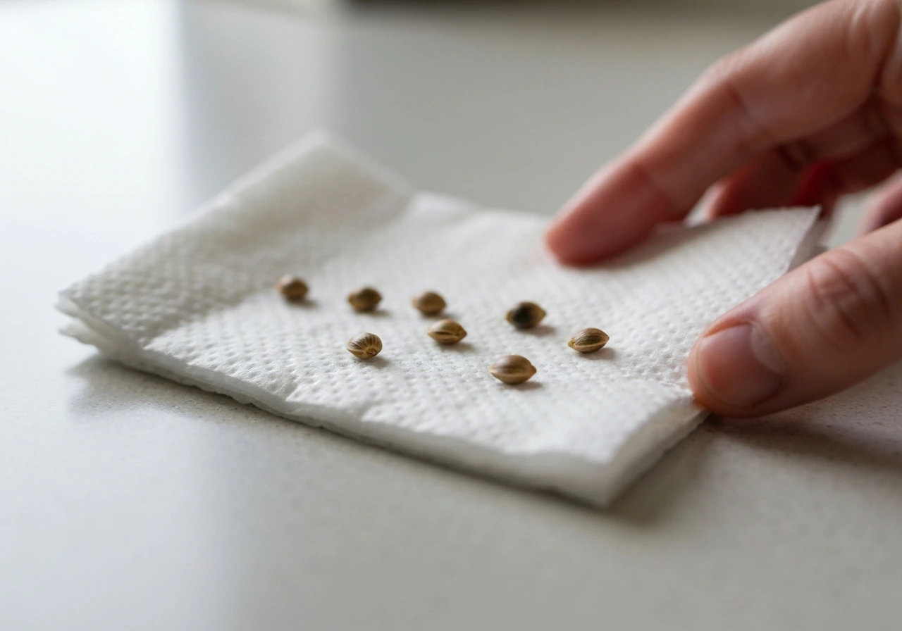 Moist paper towels with cannabis seeds set up for germination on a kitchen counter.