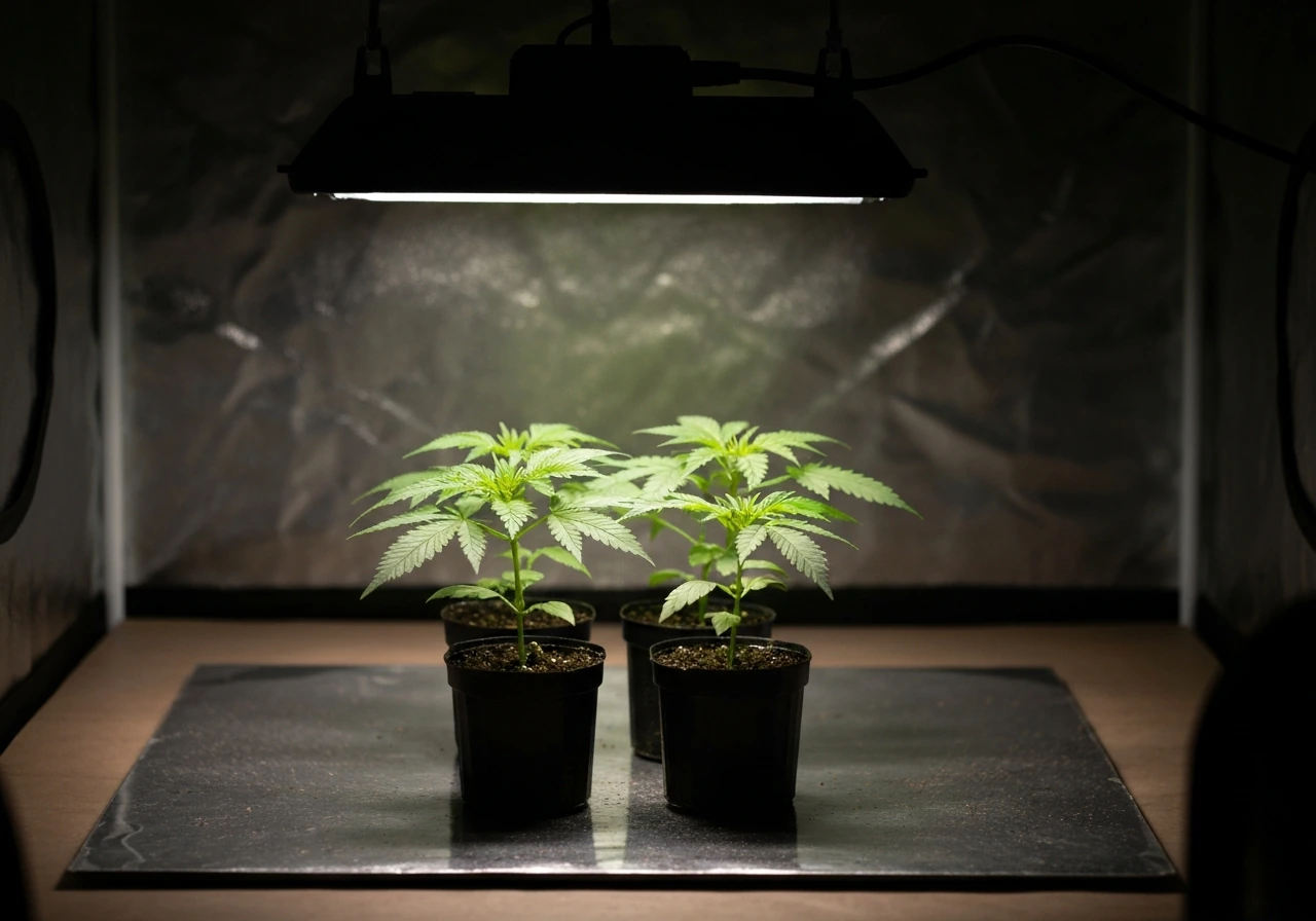 LED grow light shining over healthy young cannabis seedlings in a small indoor setup.