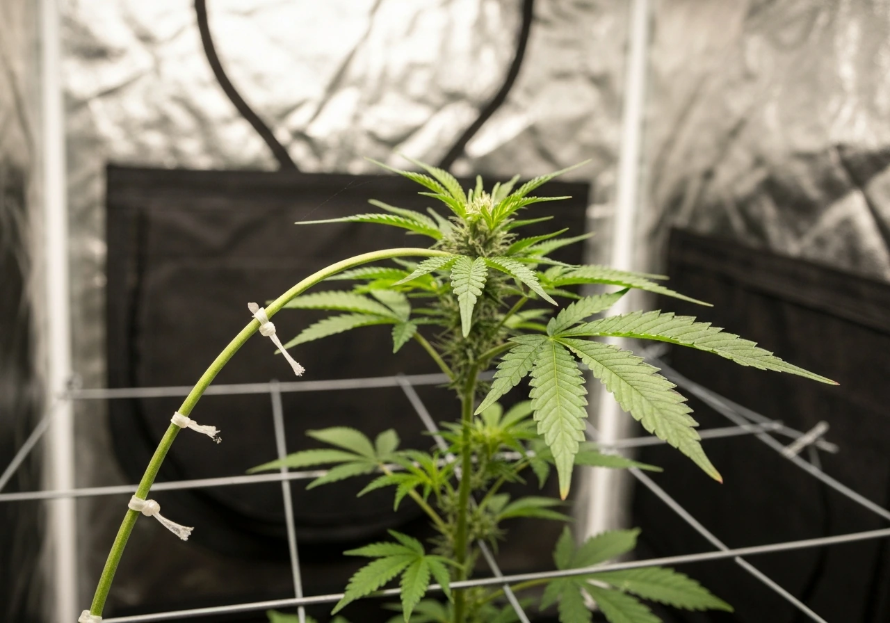 Indoor cannabis plant with branches gently bent and tied to a trellis during vegetative growth.