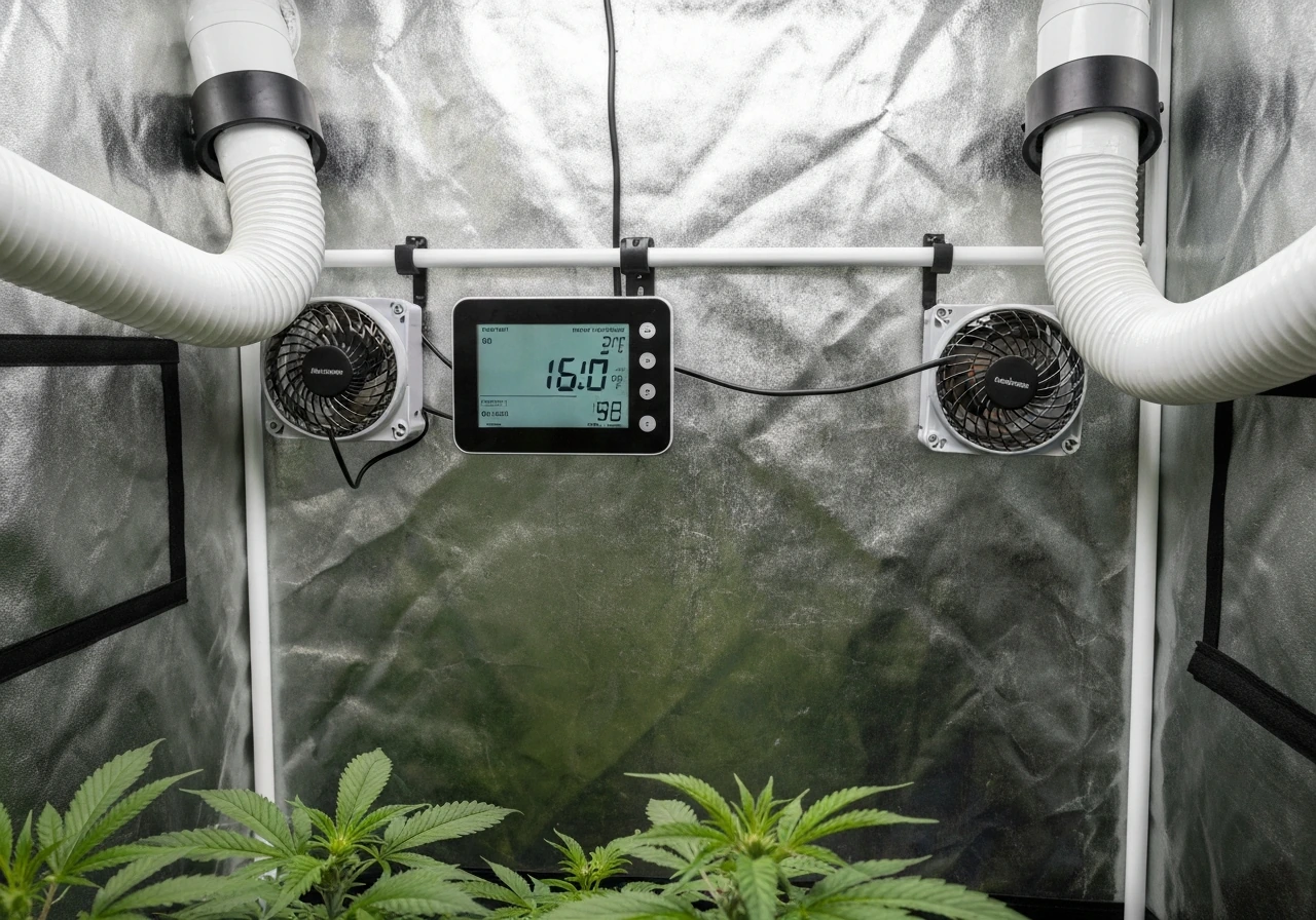 Grow tent with a small temperature/humidity monitor beside an intake/exhaust fan, lights-on stable setup.