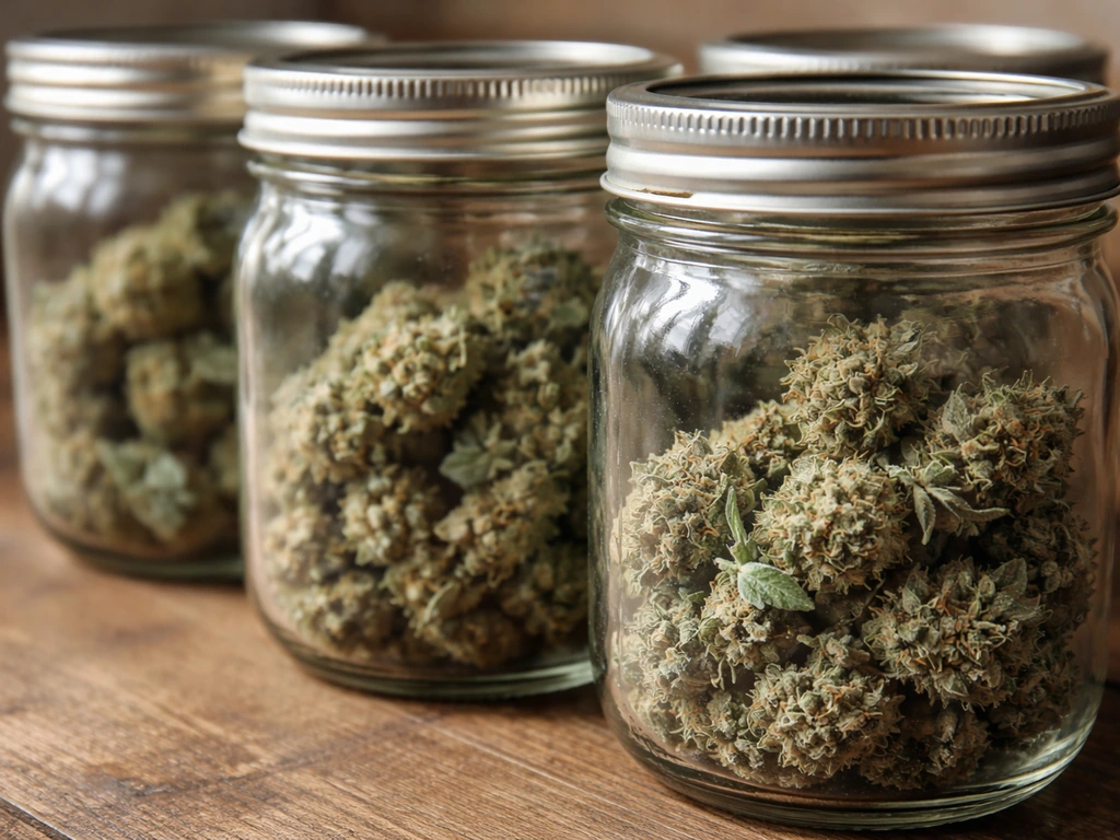 Close-up of trimmed buds inside partially filled glass jars with fresh sealed lids.