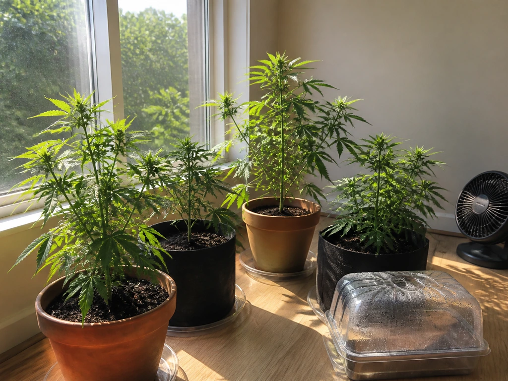 Sunlit indoor cannabis plants in pots by a south-facing window with subtle airflow and humidity cues