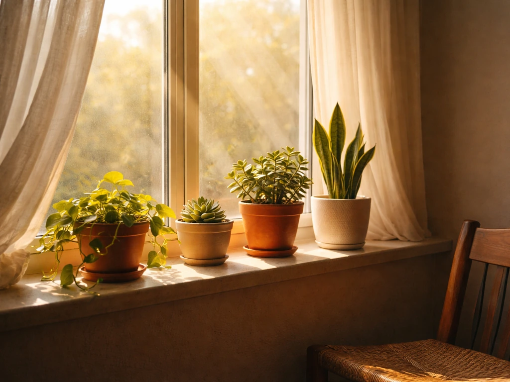 Potted plants placed on a south-facing windowsill receiving direct sunlight through an open curtain.