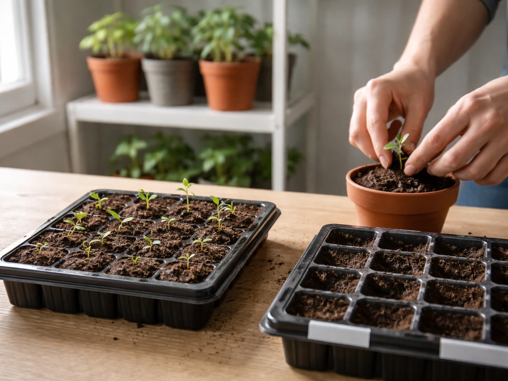 Indoor grow workflow: seedlings in plugs, transplanting into pots, and young mature plants in the background.