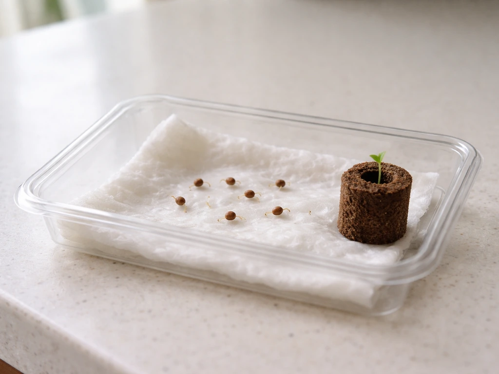Paper towel germination setup with small seedlings and a starter plug, taproot visible, in a clean tray.