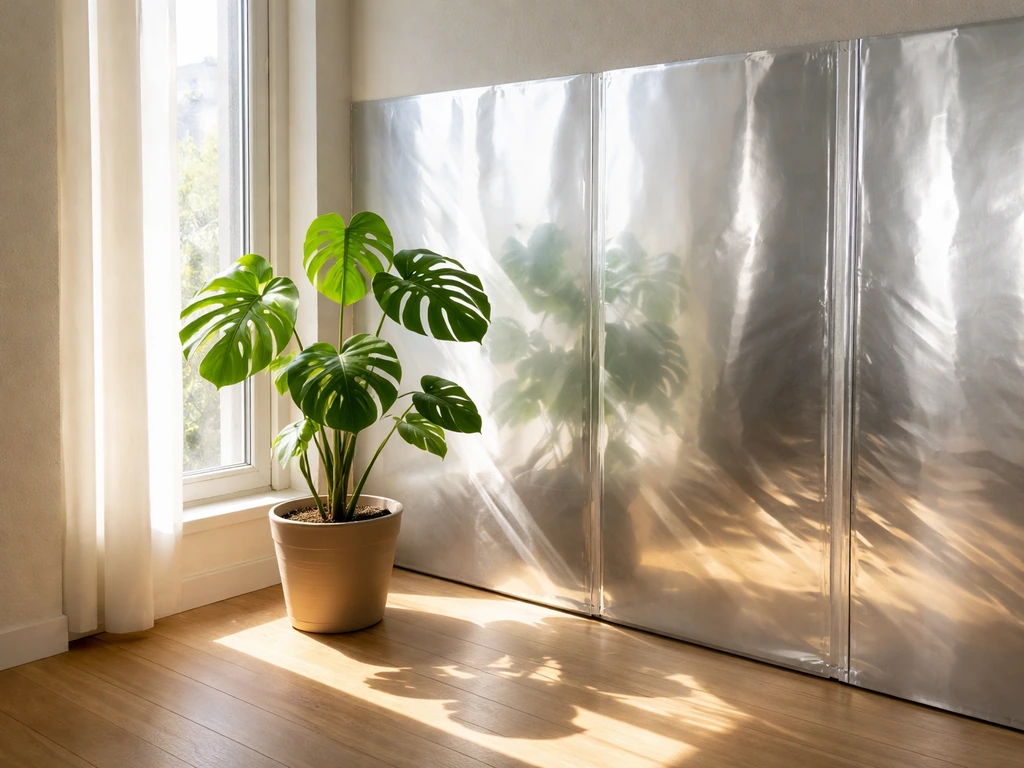 Sunlit indoor plants beside a wall lined with reflective material