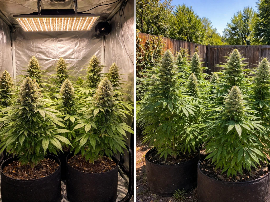 Split image of Northern Lights plants growing indoors in a tent and outdoors in a backyard garden.