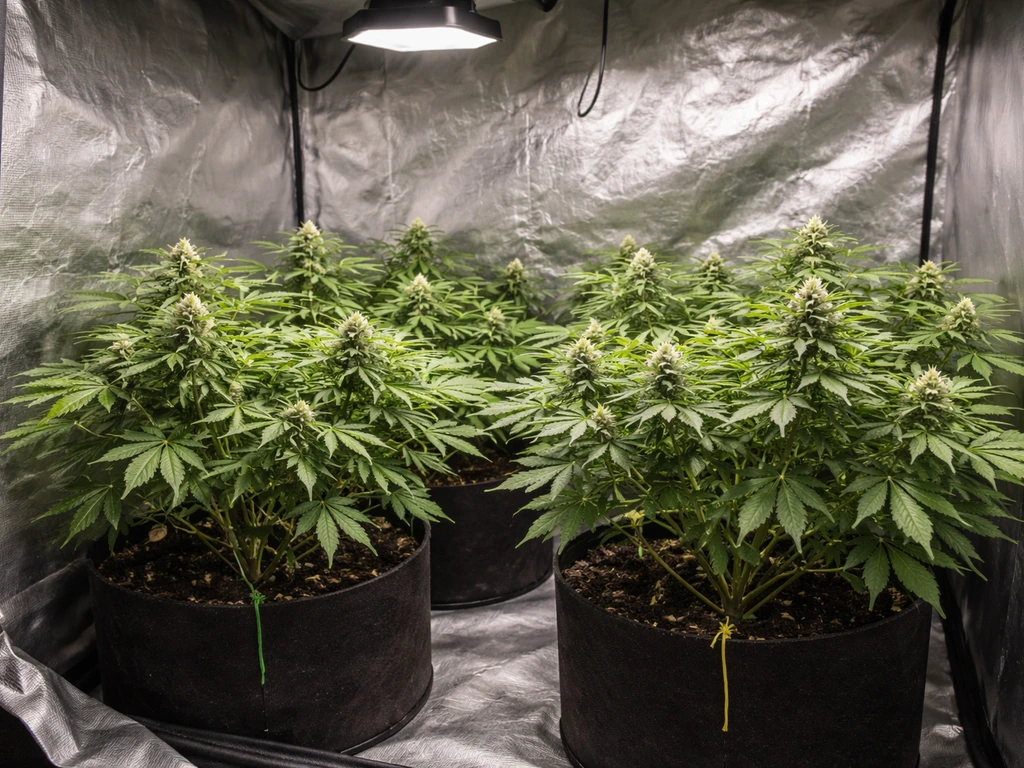 Compact cannabis plants in a small tent grow setup, showing short, beginner-friendly growth.