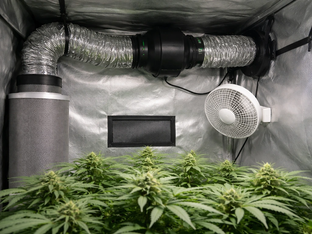 Indoor grow tent setup with inline fan, ducting, carbon filter, and an oscillating fan across the canopy.